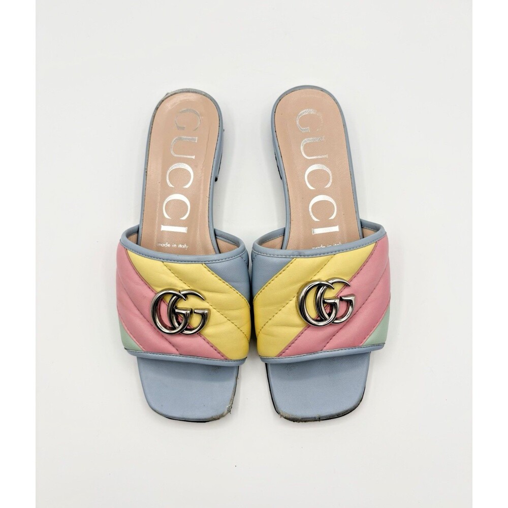 Gucci Pastel Blue, Yellow & Pink Marmont Slide Sandals Slides GG Logo Sz EU 38